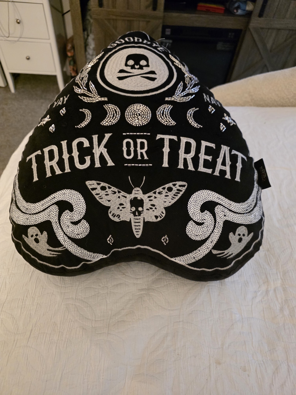 Halloween Trick or Treat Black Decorative Pillow. 16x14x5